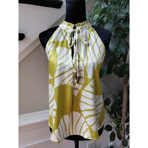 Top Model Top Blouse Womens Medium White & Green Palm Leaf Sleeveless Pullover